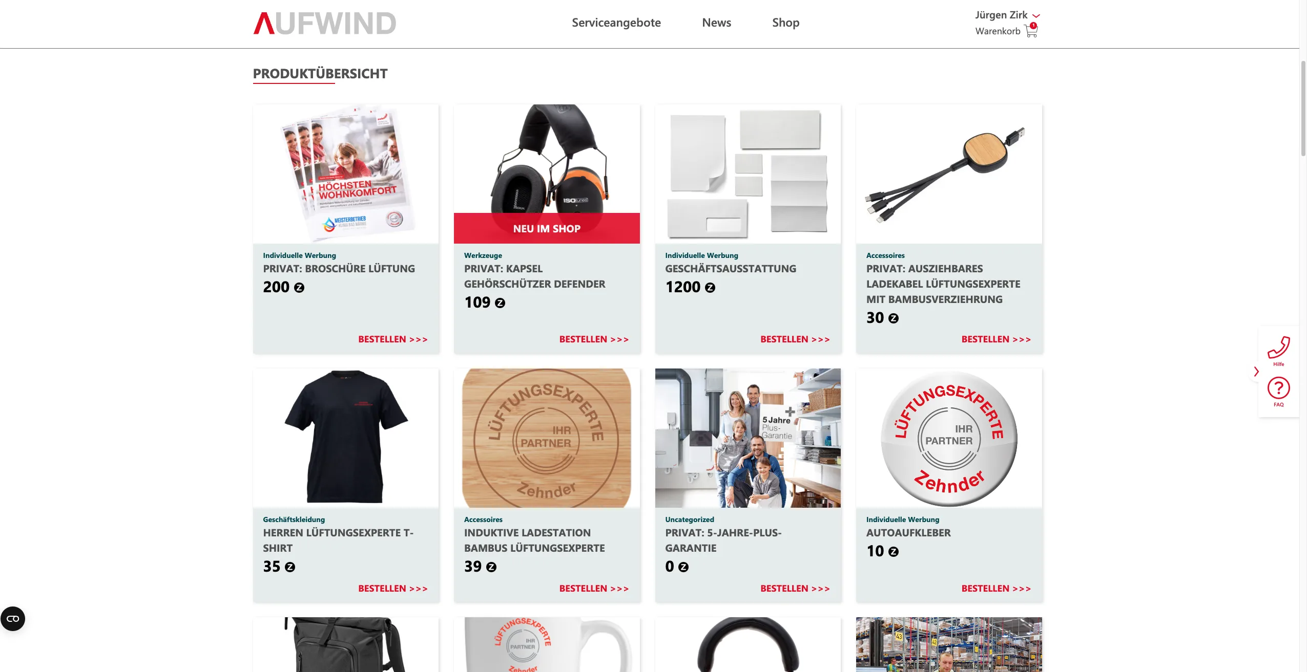 AUFWIND-Portal Shop Produktübersicht mit Zehnderli-Preisen