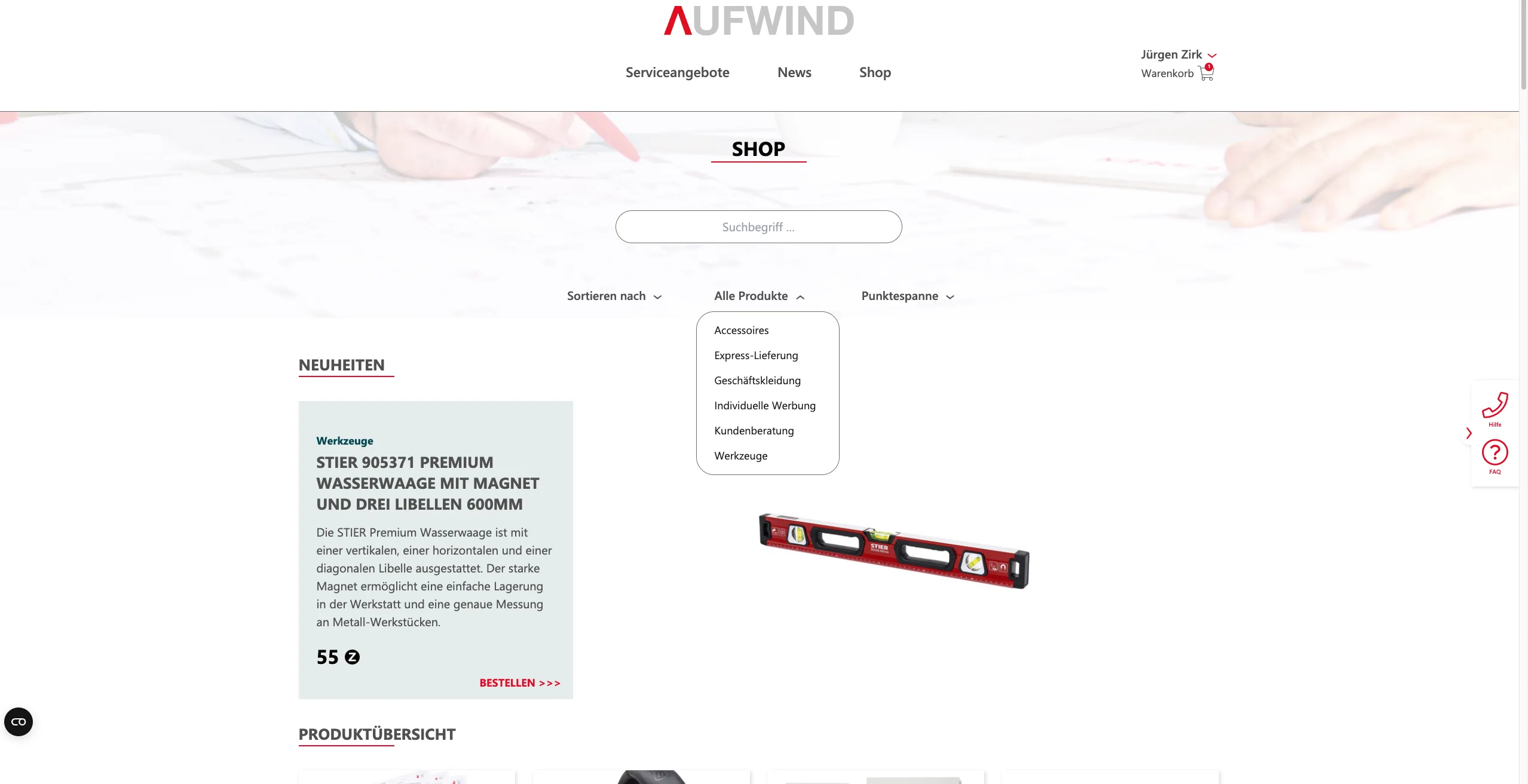 AUFWIND-Portal Shop mit Suche und Kategorien