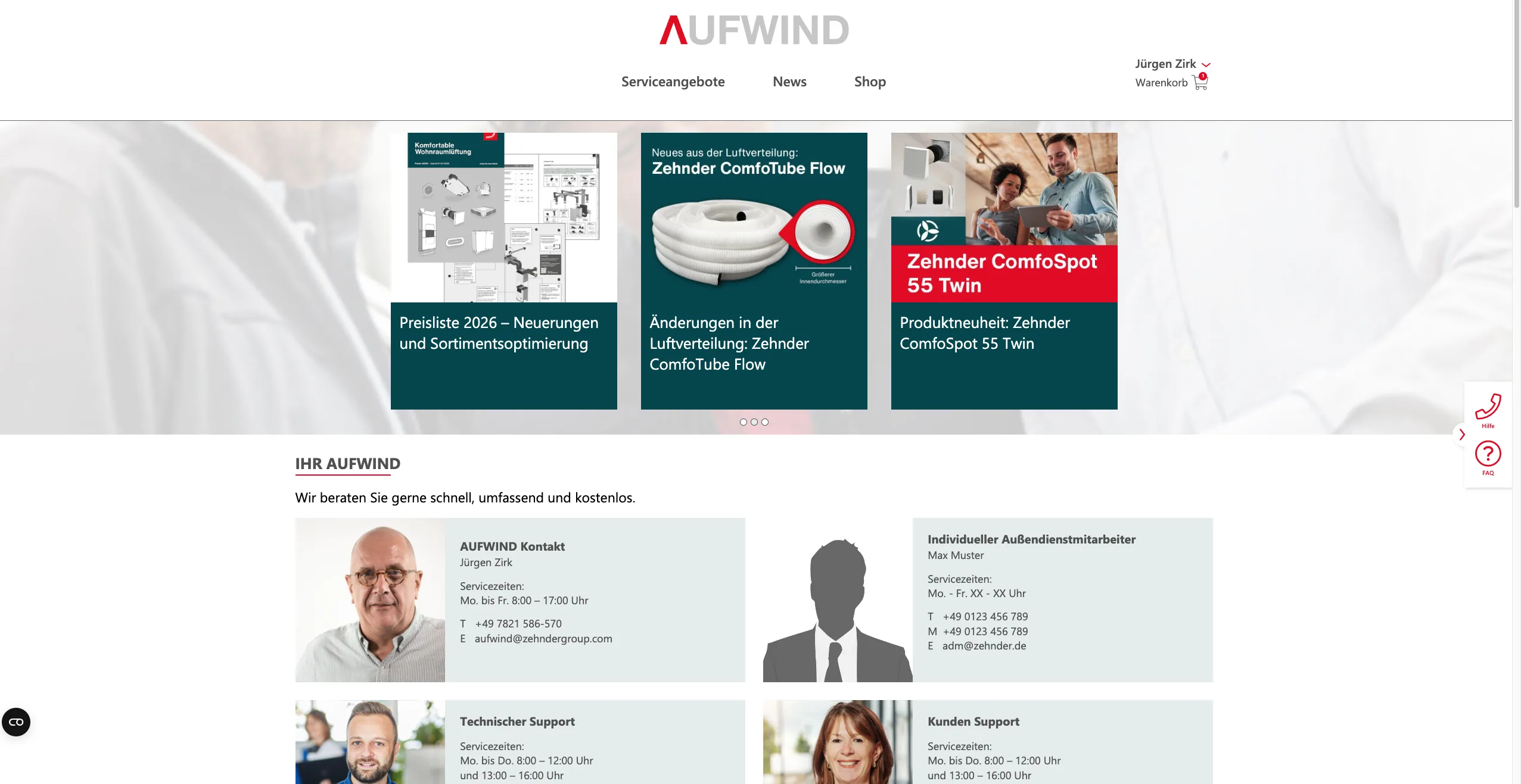AUFWIND-Portal Startseite mit News und Ansprechpartner